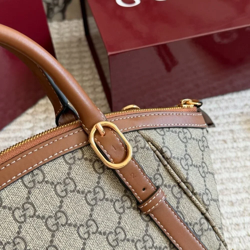💖 GUCCI 💖 GG Canvas Mini Top Handle Bag Brown Leather Trim Gold Hardware - Picture 2 of 9